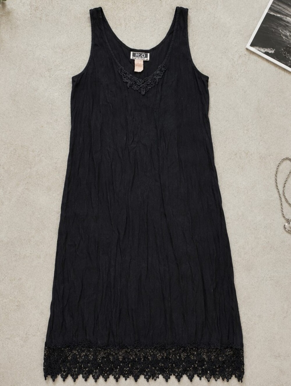 H2O New Generation Black Midi Dress Lace Trim Vintage USA Made One Size